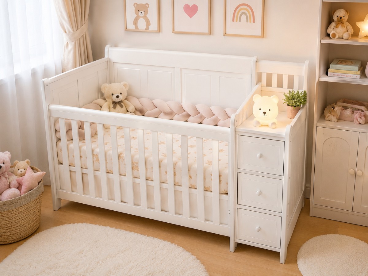 Beautiful Baby Wooden Bed With 3layer Side Drawer